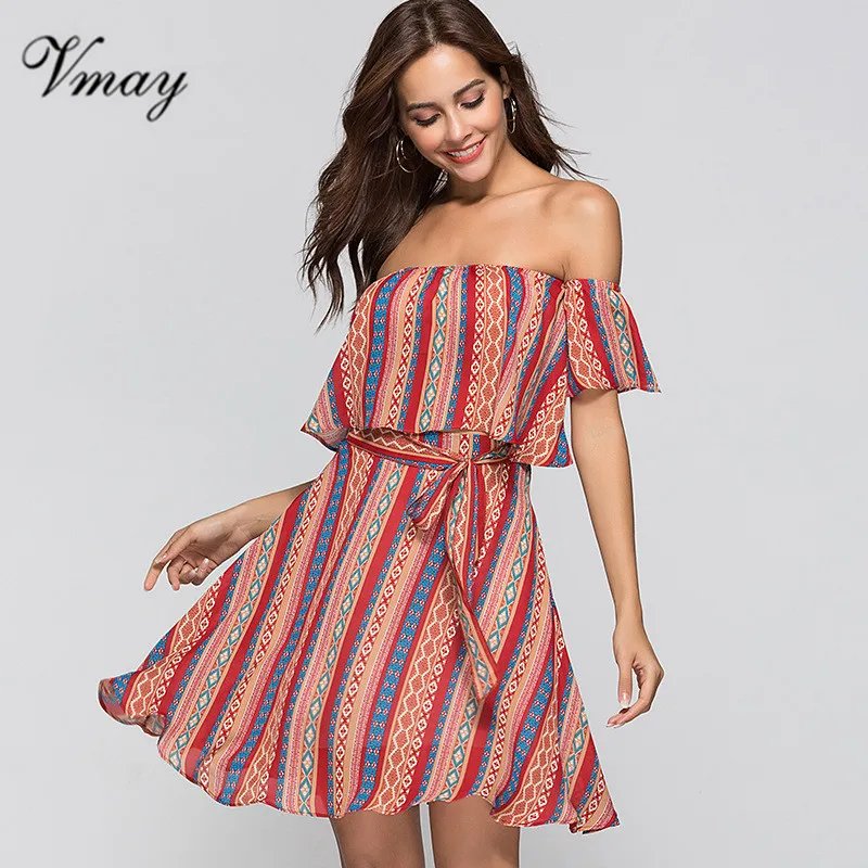 Vmay 2018 New Arrival Women Bohemian Summer Dress Holiday Wind Wrapped Chest Strapless Two-piece One-neck Collar Waistband | Женская
