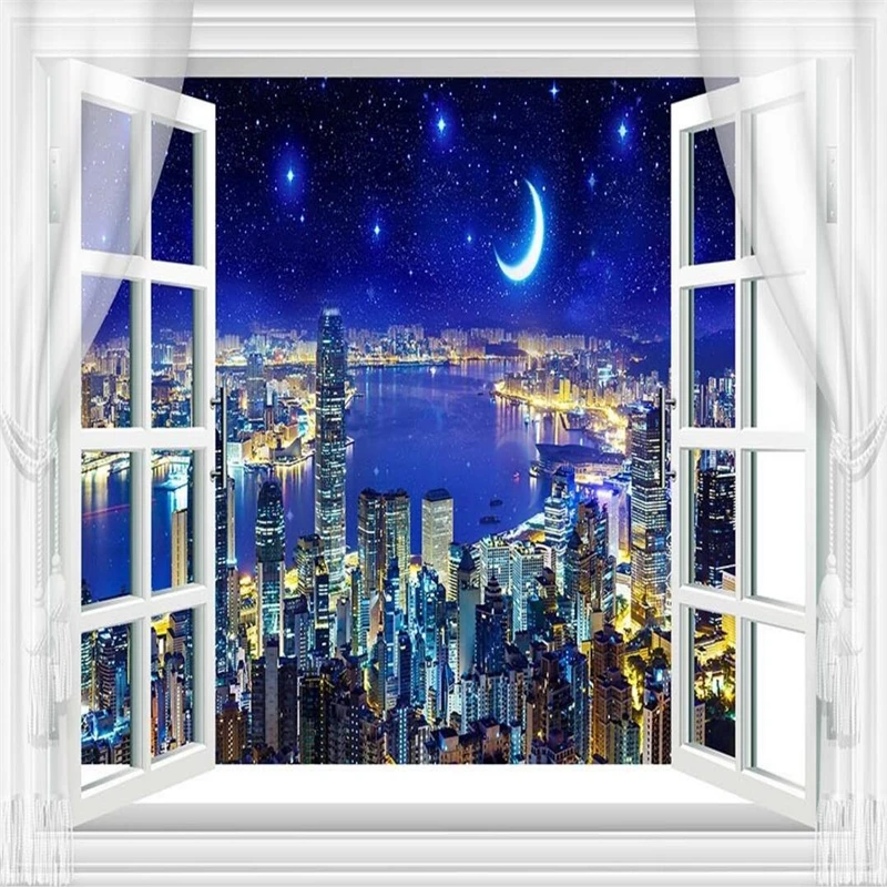 

beibehang Wallpaper Mural Wallpaper 3D Window Outside Night View Wall Background Wall papel de parede wallpaper for walls 3 d