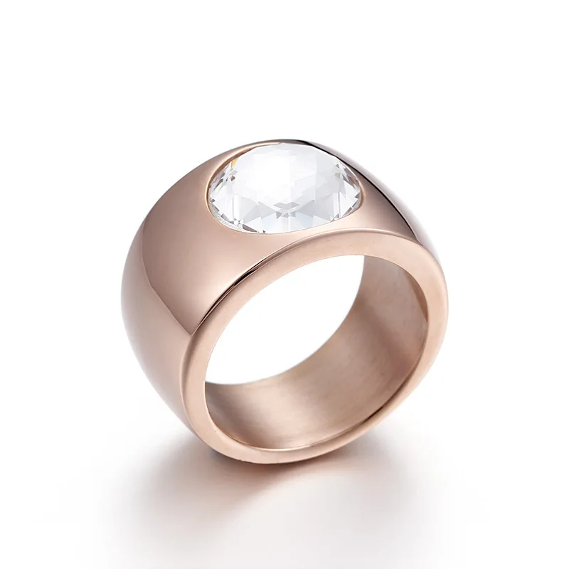 Trendy Crystal Round Female Ring 10MM Wide Ring New Arrival Stainless Steel Women Cocktail Ring Jewelry Engagement Ring