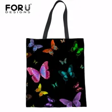 FORUDESIGNS/Женская Холщовая Сумка с принтом бабочки, Экологичная многоразовая сумка, Льняная сумка на плечо, Повседневная Большая Сумка-тоут для девочек