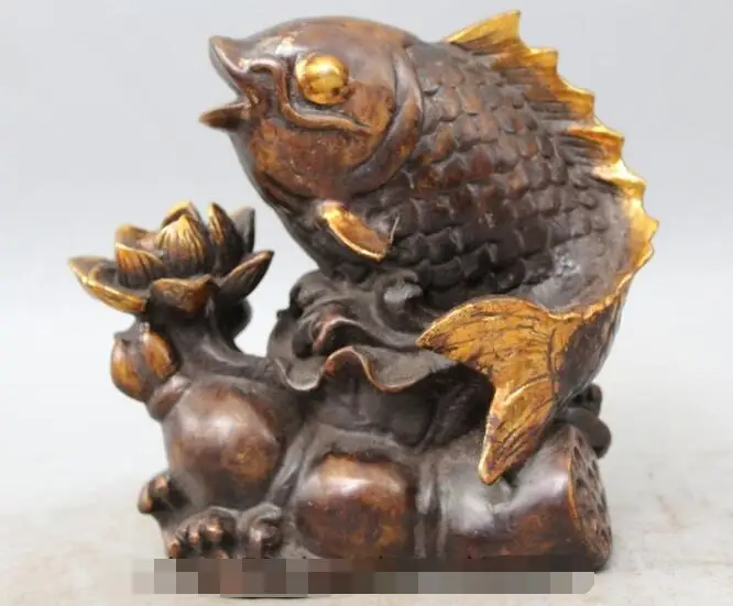 

S03194 9" Chinese Bronze Gild Folk lotus flower root Fish barracuda Statue sculpture B0403