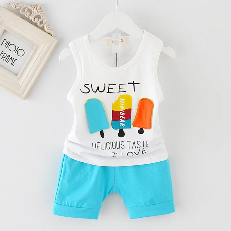 

Summer Baby Boys Clothes Sleeveless Cartoon Letter Print Tops Blouse Vest+Shorts Casual Outfits Sets