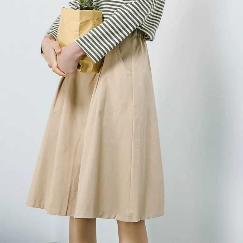 

Japanese Sweet Style Literary Knee-length Skirt Women Harajuku Fashion Lolita Khaki Red Skirts Schoolgirl Streetwear MG55