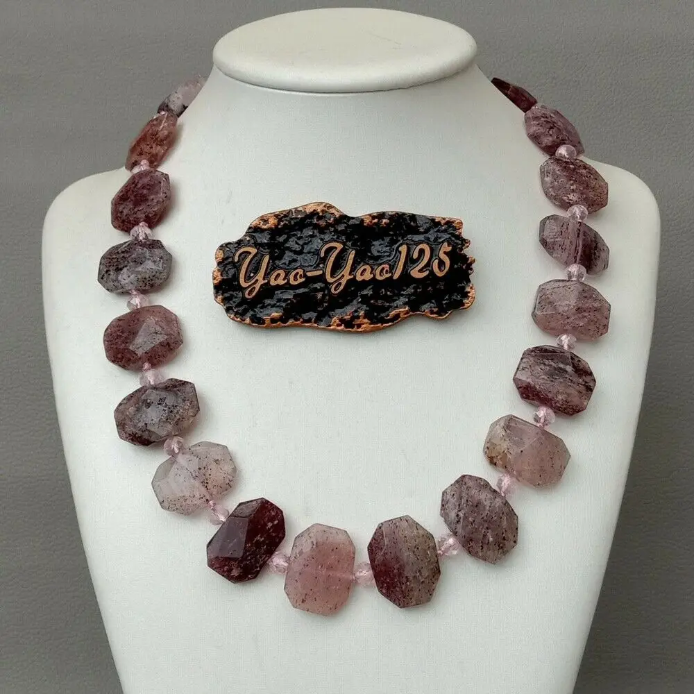 

19'' Natural Faceted Strawberry Stone Gems Rectangle Nugget Necklace