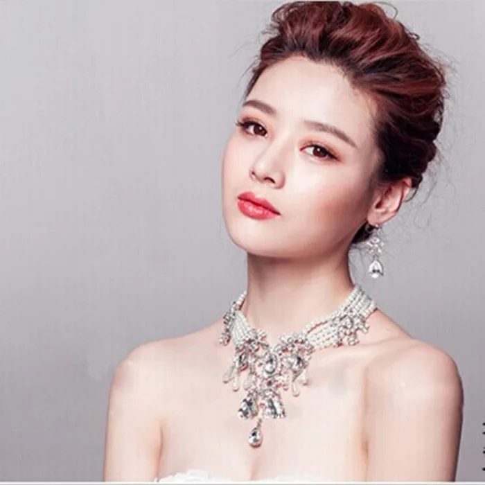 

luxury Exaggerate clavicle chain pearl necklace earring sets bride wedding jewelry sets wedding accessories