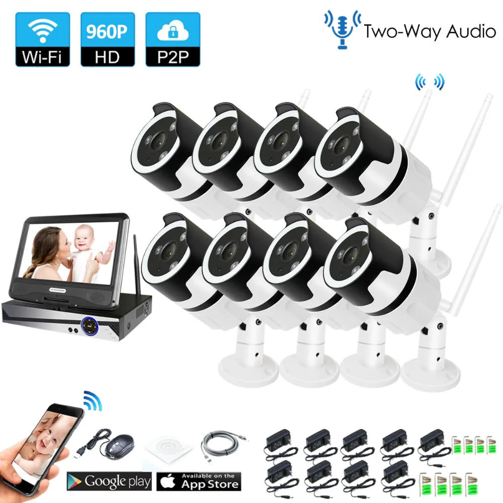 

8CH two way audio talK HD Wireless LCD NVR Kit P2P 960P Indoor Outdoor IR Night Vision Security 1.3MP IP Camera WIFI CCTV System