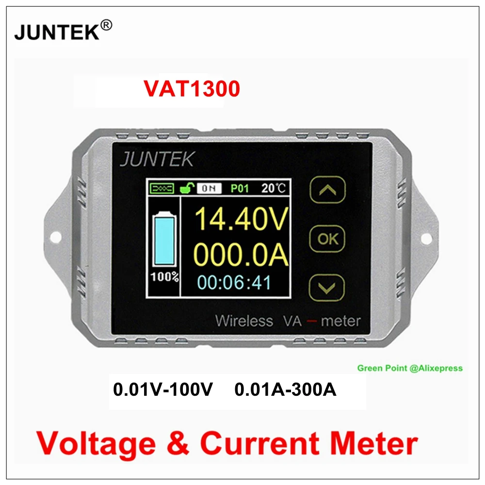 

JUNTEK VAT1300 Wireless 12V 24V 48V battery Coulomb counter VA meter 100V 300 Avoltage and current meter Car battery monitoring