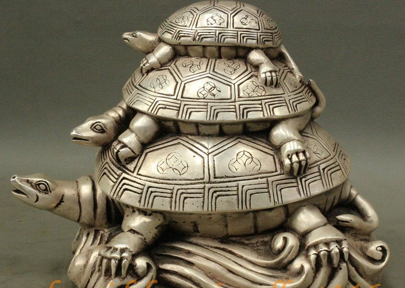 9 Folk Chinese Silver Animals Longevity 3 Dragon Gold Money Turtle XuanWu Statue |