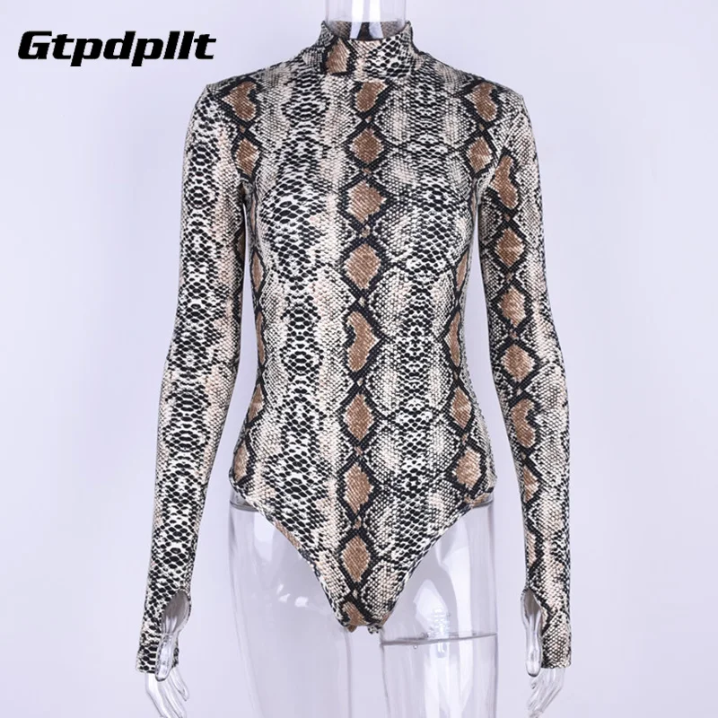 Gtpdpllt snake skin grain Print Bodysuit Women Tops Long Sleeve Autumn Winter Turtleneck Slim Bodysuits Rompers Womens Jumpsuits