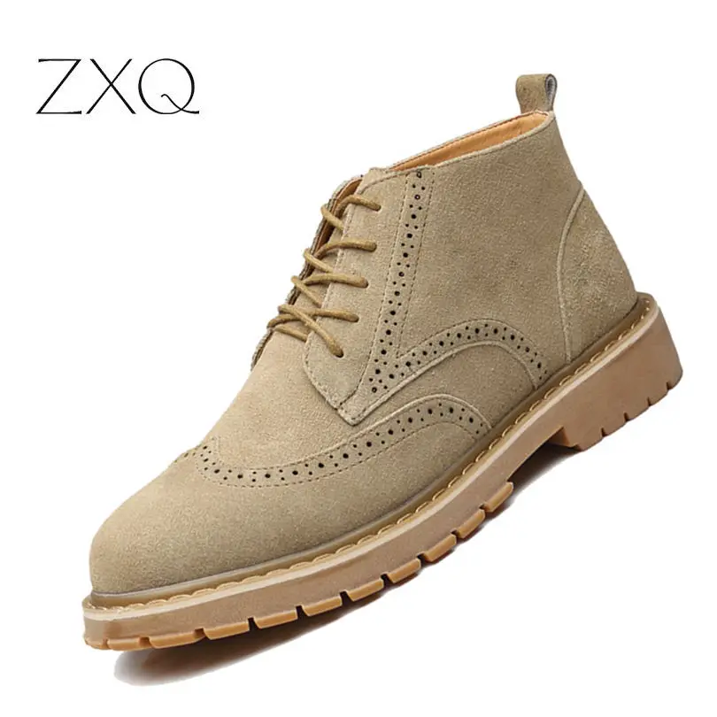 

British Style Suede Leather Men Ankle Boots No Slip Quality Vintage Carved Male Brogues Shoes Round Toe Autumn Walking Shoes