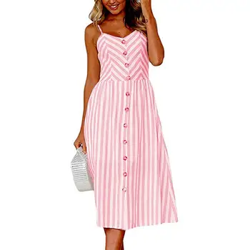 

Summer Striped Print Dress Women Elegant Vintage Sundress Bohemian Spaghetti Strap Button Down Swing Dress with Pockets