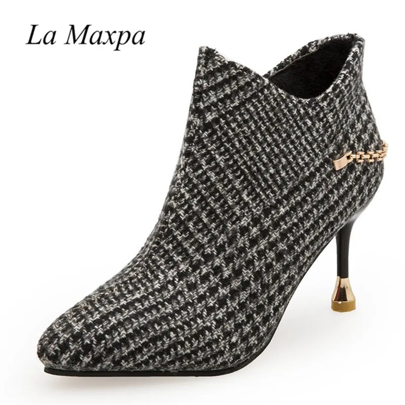 

fahsion women boots black sexy thin heel 9cm ladies boots pointed toe slip on metal chain Houndstooth side zipper ankle boots