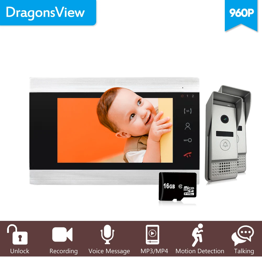 Dragonsview 7 "960 P Видео дверной телефон домофон с 2 камерами Hands-free сенсорный домофон запись обнаружения движения 16 Гб