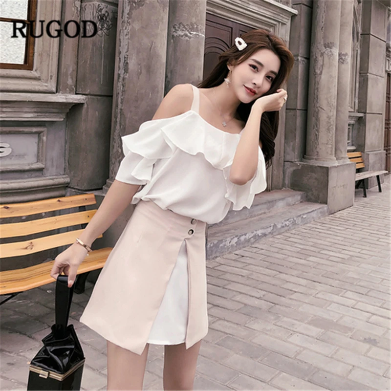 

RUGOD Elegant women patchwork dress spaghetti strap off shoulder ruffled white pink mini sweet summer female vestido sukienki