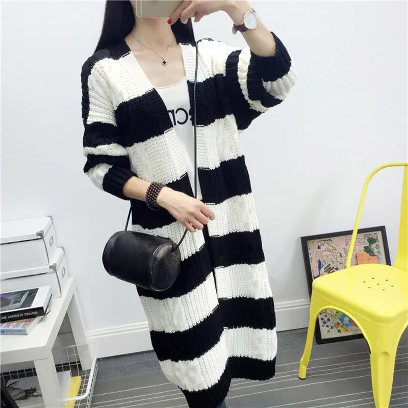 Women Fashion Korean Big Striped Long Sweater Female Casual Knitted Thick Cardigans Cape Sweaters 2016 Autumn Winter 2016 SW50