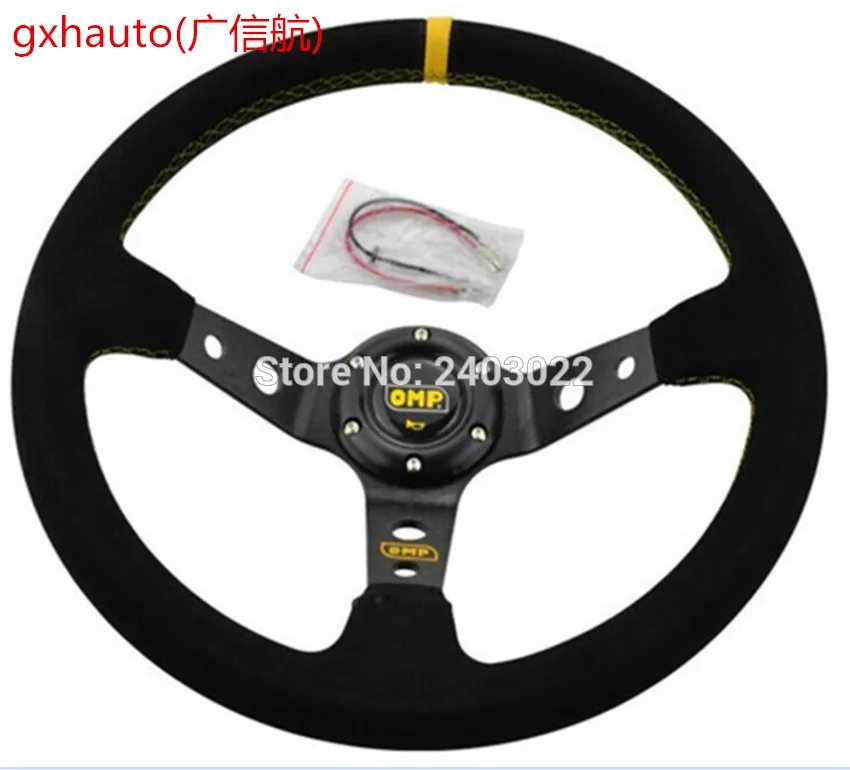 

Free Shipping racing 14" OMP Steering Wheel OMP Suede Leather Steering Wheel Deep Dish Racing Sport Steering Wheel yellow line
