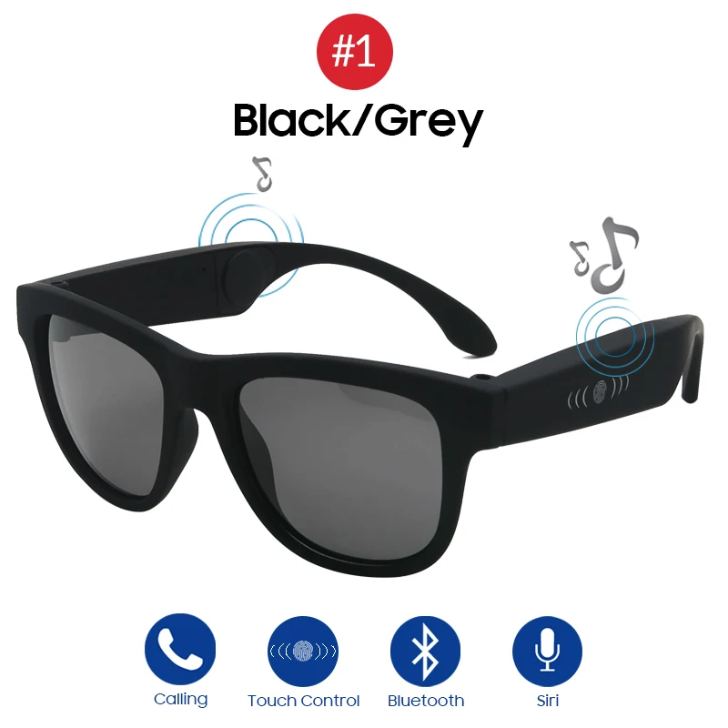 VIVIBEE, квадратная оправа, поляризационные, синие, зеркальные линзы, мужские музыкальные солнцезащитные очки, лето, поляризационные, костная проводимость, аудио очки - Цвет линз: 1 Black Grey
