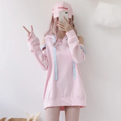 Fora do Ombro Rendas até Sexy Japão Cosplay Kawaii Hoodies Harajuku Lolita Bonito Xadrez Feminino Rosa Camisolas Moda Meninas Pulôver