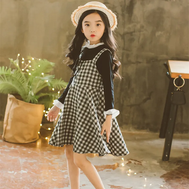 

DFXD Spring Autumn New Fashion Teens Girls Clothes Set Cotton Long Sleeve Shirt+Plaid Strap Dress Korean Children Outfits 3-14Y