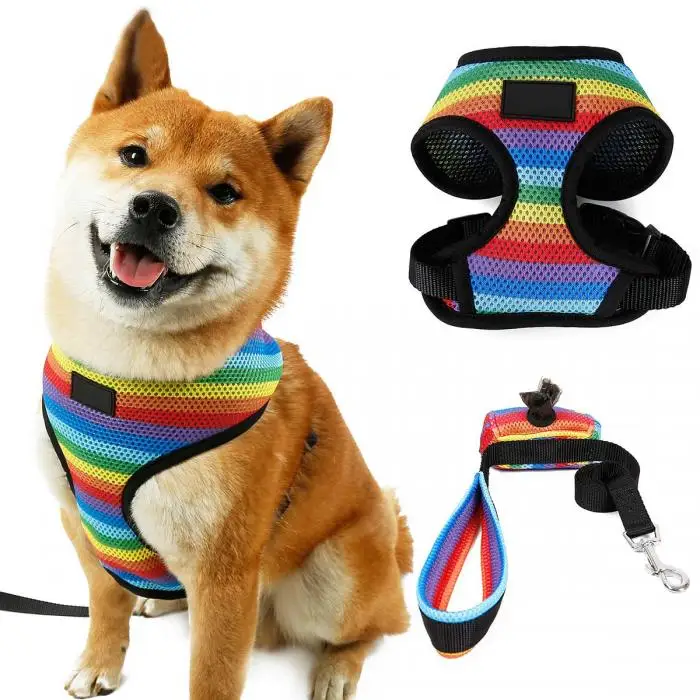 Одежда для собак Воздухопроницаемый жгут Радужный щенок прогулочный жилет шлейка с поводком XH8Z