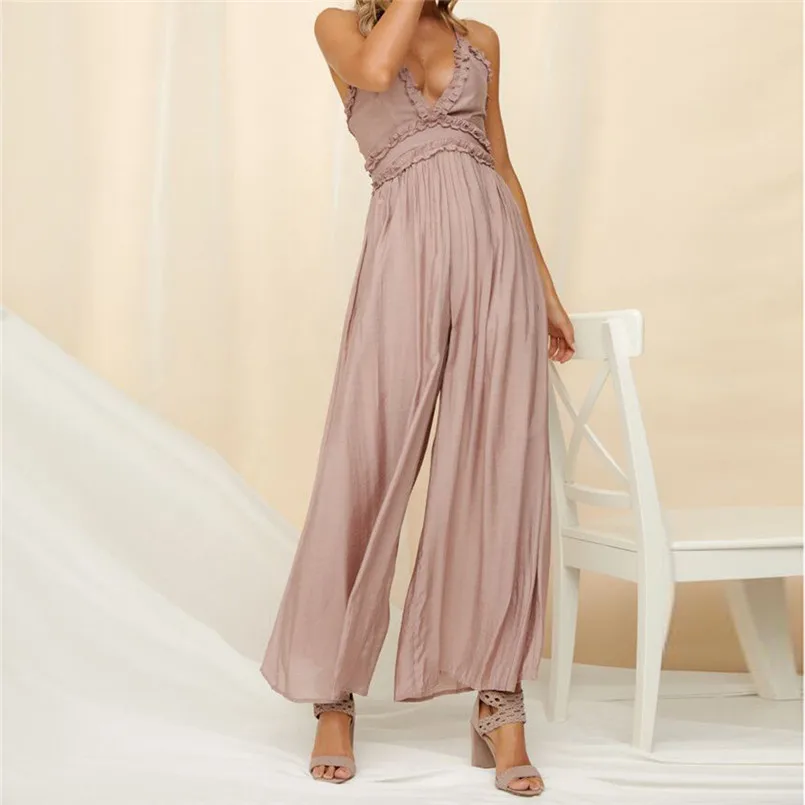 New Fashion Women Summer Sexy  Sleeveless V Neck Solid Ruffle Loose Sling Jumpsuit Elegant Lady Casual Bodysuits Playsuit #4R08 (24)