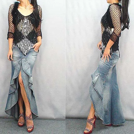 Image ruffle Elexs New Brand 2015 Fashion Slim Mermaid Style High Waist Long Denim Skirt With Tassels Women Dovetail slim Skirt