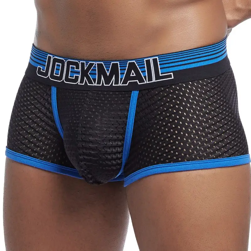 JOCKMAIL новые сексуальные мужские трусы боксеры дышащие сетчатые мужские боксеры мужские трусы Гей пенис мужские трусы мужские Трусы - Цвет: Синий