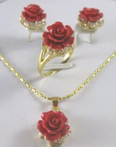 

shippingPretty Crystal Red Coral rose Flower Pendant Earring Ring lady's jewelry set