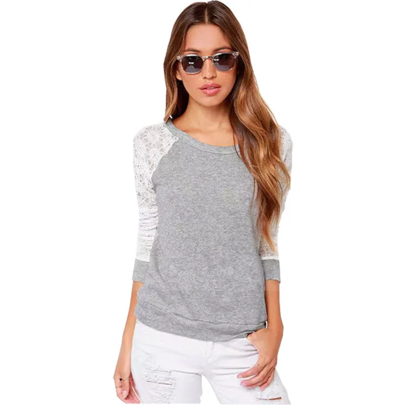 

t shirt women 2016 Fashion o-neck summer style long-sleeve hollow out slim t-shirt lace patchwork vestidos clothing GZ3041