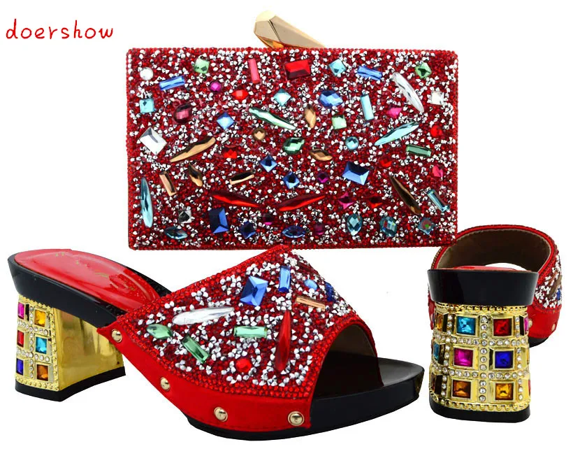 doershow Italian Shoe And Bag Set For Party red Rhinestone Evening Shoe African High Quality