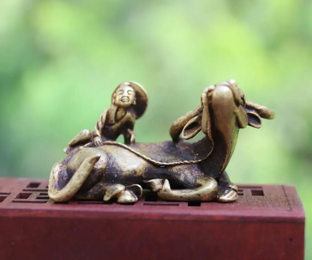 

5.5 cm China 100% Pure Bronze Cowherd and weaver small statue Zodiac animal Children Boy OX Oxen buffalo Sculpture kids toys