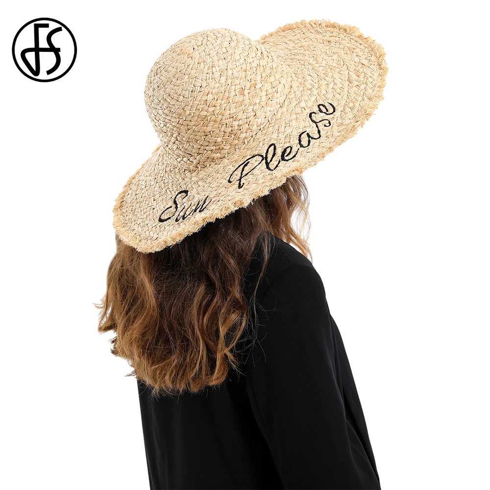 

FS Women Big Wide Brim Raffia Panama Straw Hats Summer Letter Embroidery Beach Hats Sun Sunshade Beach Cap Brown Ladies Chapeau
