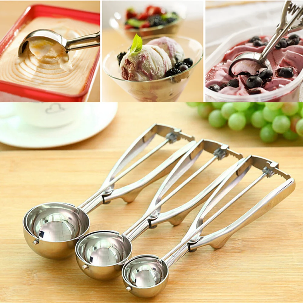 

New Kitchen Ice Cream Mash Potato Scoop Stainless Steel Spoon Spring Handle Kitchen Accessories Wholesale 3 size for choose