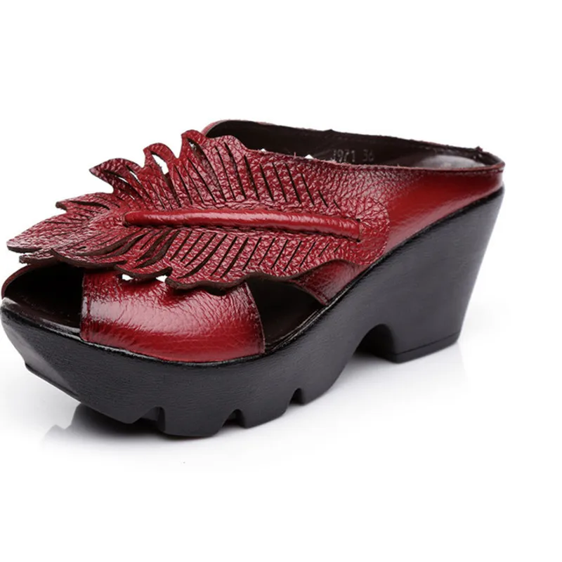 

YeddaMavis Shoes Genuine Leather Platform Sandals Women Sandals Women Shoes Woman Summer New Casual Wedges Sandals Red Slippers