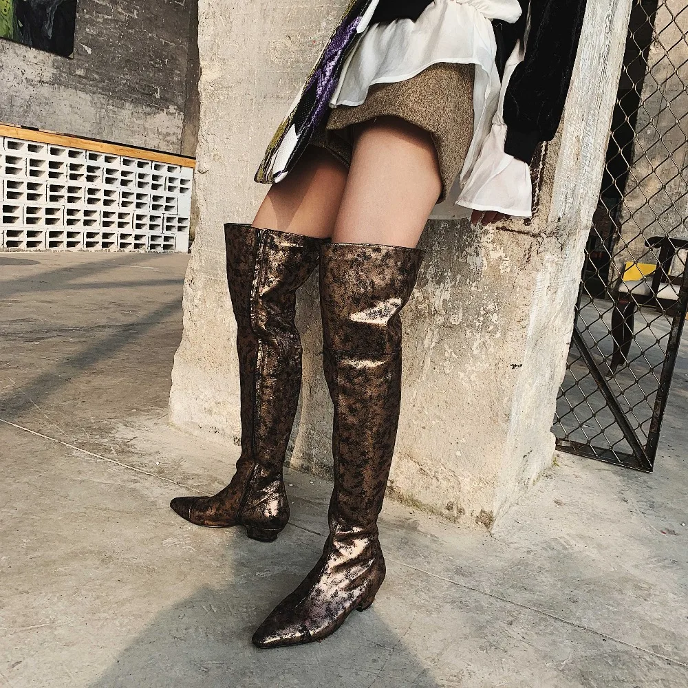 

Autumn Winter Long Booties Square Toe Women Shoes Over Knee Boots Side Zipper Chic Low Heel Bronze Color Chaussures Femmes Hot