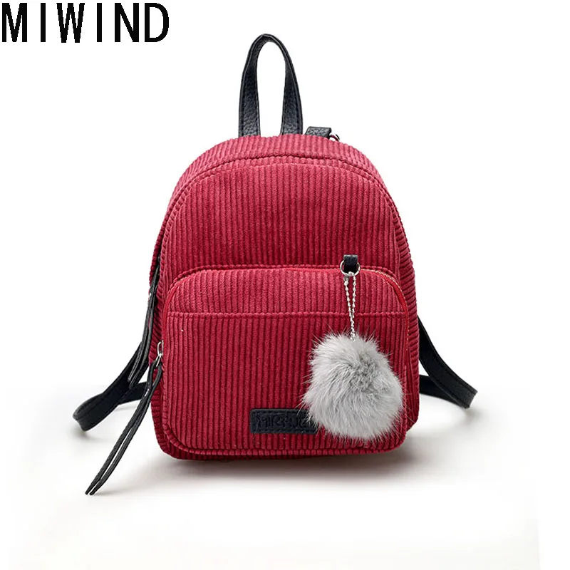 

Girl Backpack Small Mini Backpack Small Women Shoulder Bag Fur Ball Solid Color Corduroy Back Pack Mini Mochila feminine TSL1216