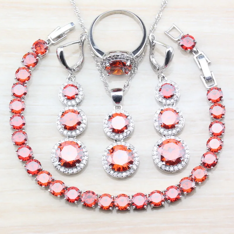 

6-Color Women Wedding Costume Red Garnet 925 Sterling Silver 4PCS Jewelry Sets Earrings/Pendant&Necklace/Bracelet/Ring T204