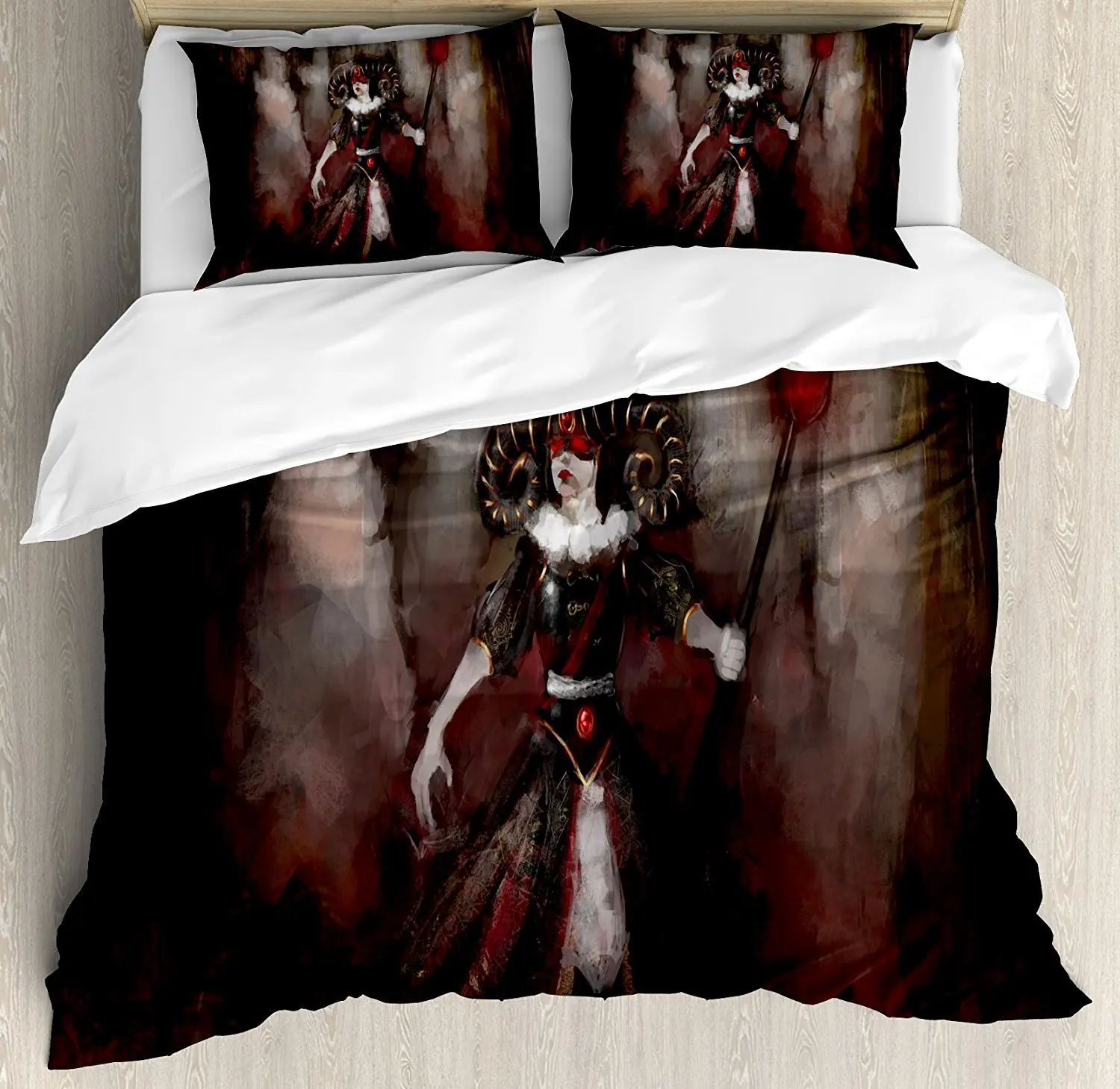 

Gothic Duvet Cover Set Medieval Evil Woman Horns Mask Witch Myth Fantasy Old Fashion Scary Watercolor, 4 Piece Bedding Set