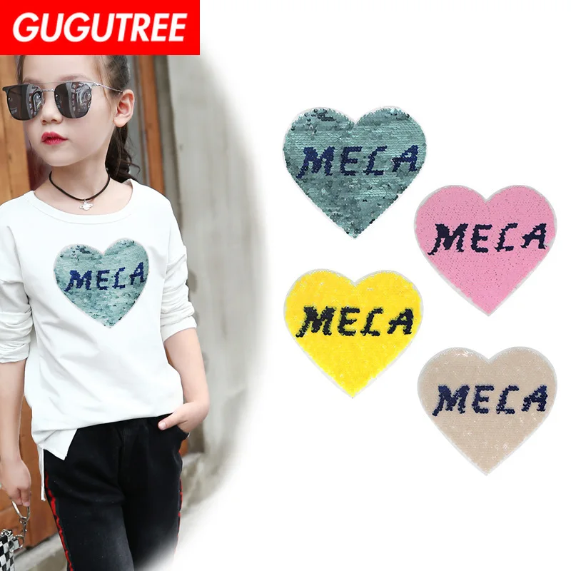 

GUGUTREE embroidery Sequins big love heart patches letter patches badges applique patches for clothing XC-257