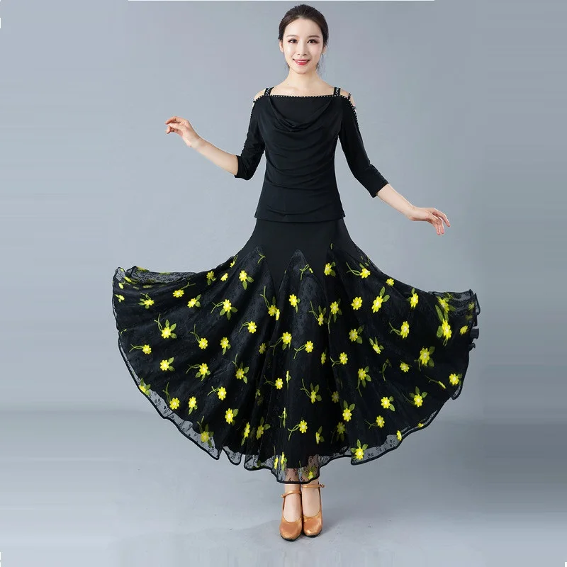 

Adult Ballroom Dancing Skirt Black Flamenco Skirts Ballroom Dance Suit Women Waltz Dancing Costumes Modern Dance Dress D0829