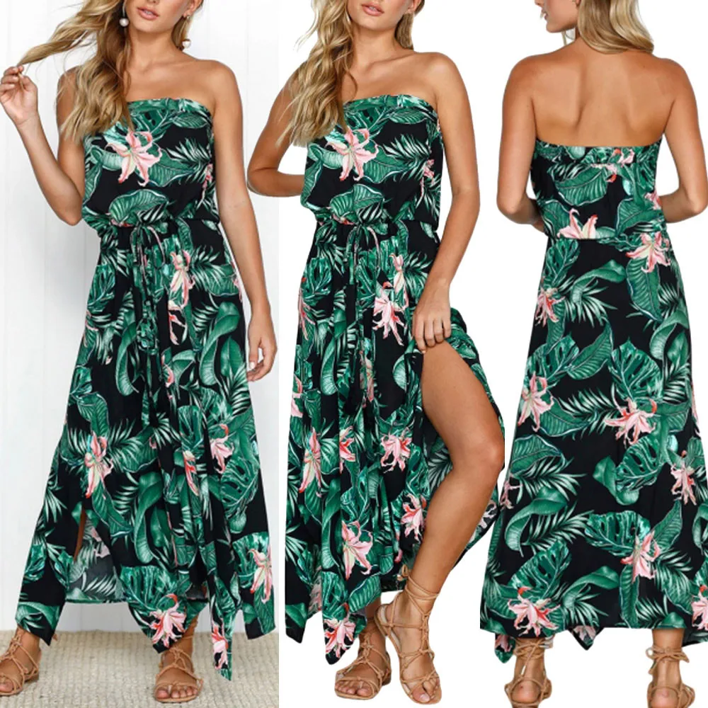 

Women's Dresses Vestidos Womens Floral Leaf Print Off Shouder Dress Ladies Summer Beach Lace Up Dress