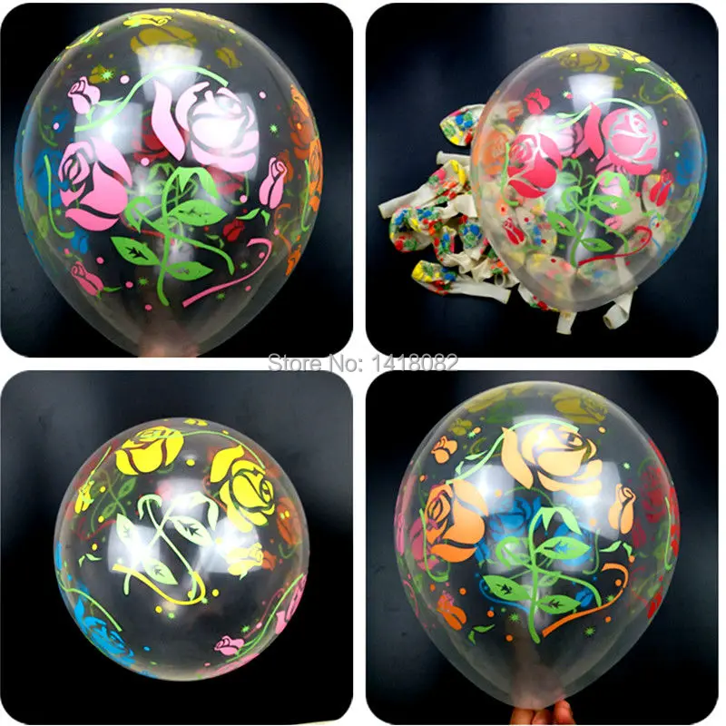 

12inch Transparent Flower Print Balloons Rose Happy Birthday Party Decoration Wedding Baloon Inflatable Air Ball Kid Toy Gift