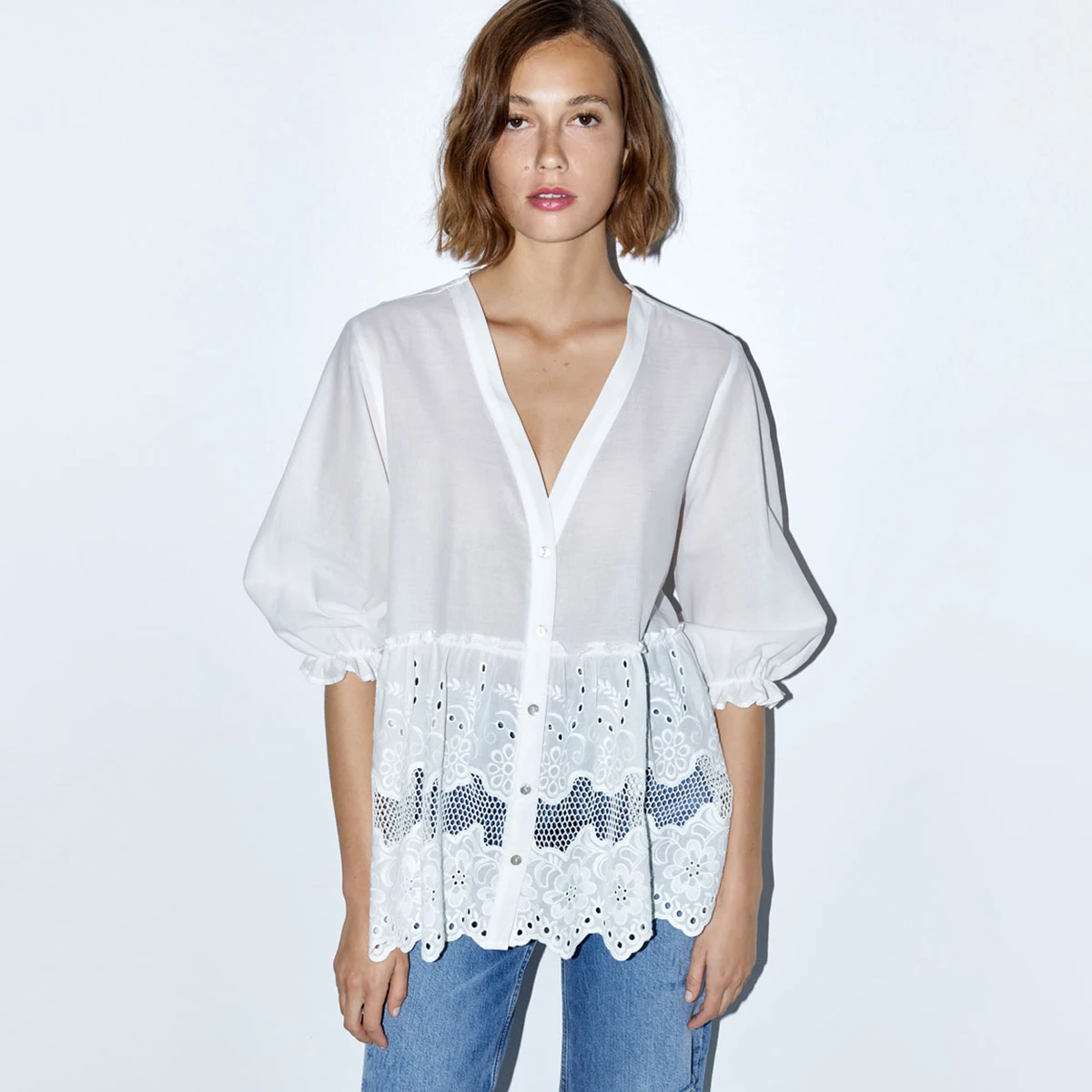 

Jastie Women Shirt Cutwork Embroidery Top V-Neck 3/4 Sleeve Spring Summer Shirts Blouse Button Front Chic Casual Tops Blusas