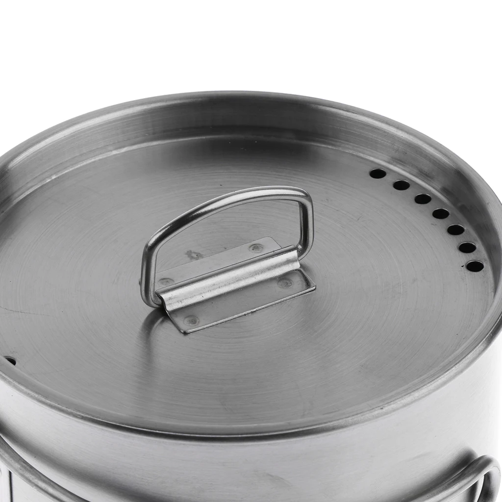 Stainless Steel Portable Camping Backpacking Cup Pot Alcohol Stove Cook Set with Vented Lid Folding Handle and Measurement Mark 