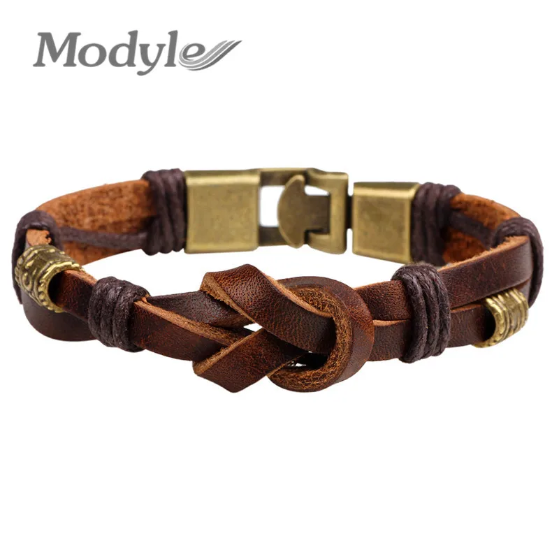 

Modyle 2019 New Fashion Vintage Leather Bracelets Bangles Bronze alloy Buckle Classical Style Easy Hook Beacelet For Men