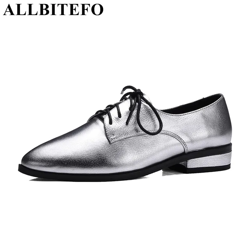 

ALLBITEFO fashion brand genuine leather pointed toe low-heeled women pumps thick heel ladies shoes spring pumps size:33-43