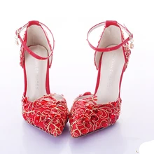 Popular Pointed Toe Ankle Strap Red Wedding Shoes Womens High Heels Genuine Leather Pumps Stilettos Bridal Shoes 9cm Heels Pumps