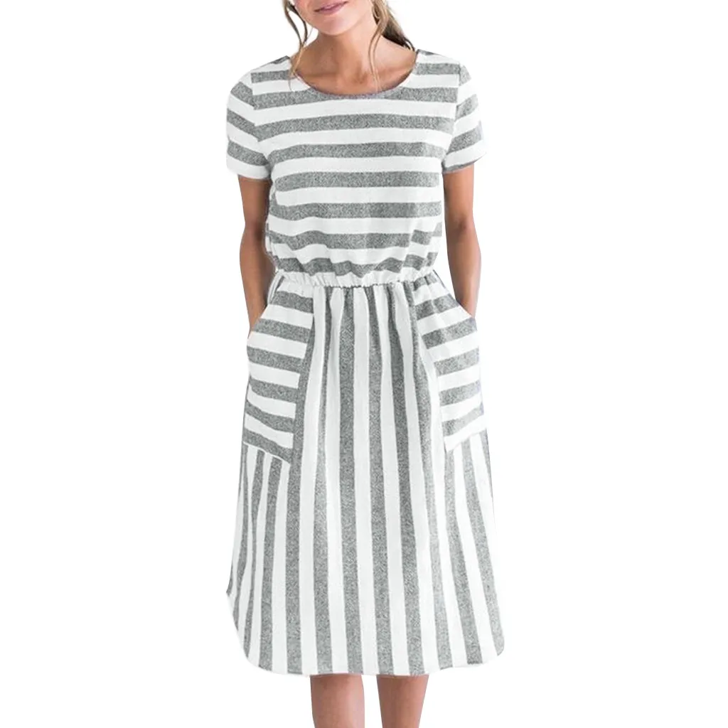 

JAYCOSIN dress Ladies summer new O-Neck pullover Stripe print A-line Holiday dress 19 Fashion Casual Knee-Length Beach Dress 508