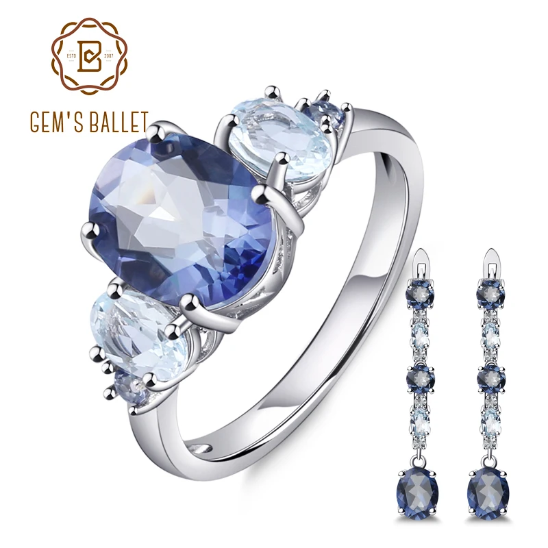 

GEM'S BALLET Popular 925 Sterling Silver Earrings Ring Set Natural Oval Iolite Mystic Quartz Sky Blue Topaz Gemstone Jewelry Set