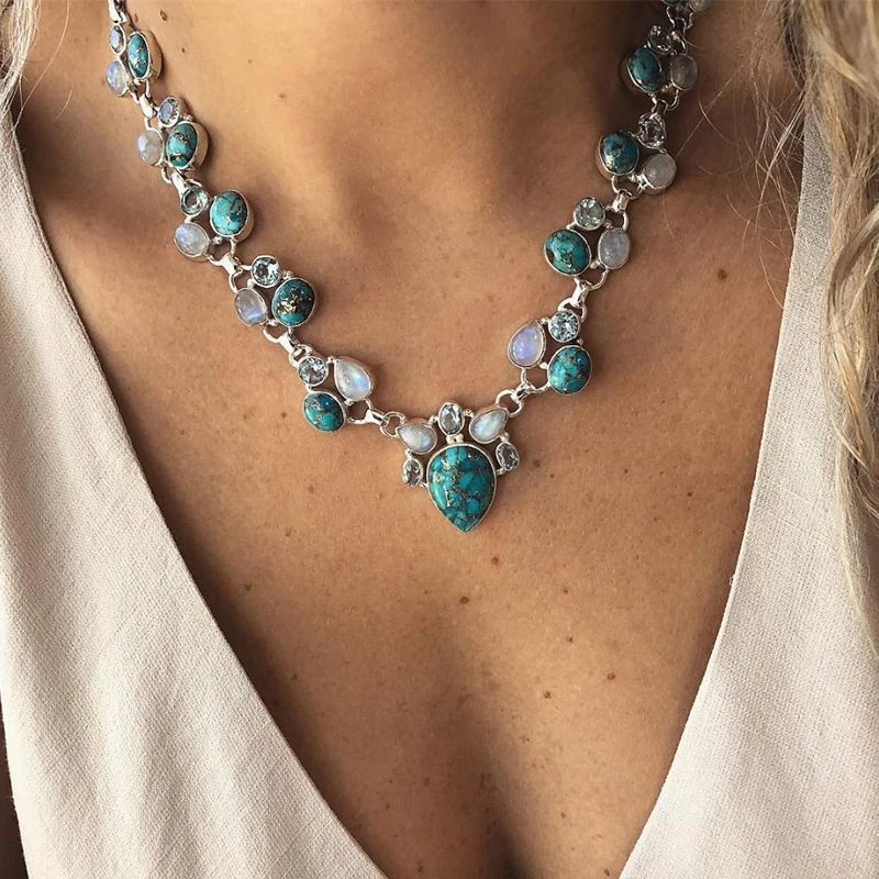 

Women Necklaces Retro Water Drop Oval Pendant Geometric Crystal Silver Necklace female Fashion Wedding Party Jewelry Accessories